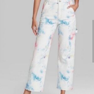 WildFable 00 pink, blue, gold tydedye jeans. Small wear and tear, no stains